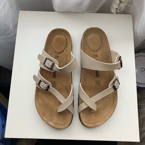 Beige Double-Buckle Cross-Strap Sandals for Women